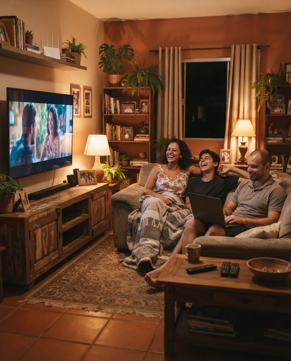 Família reunida em casa usando a internet, com a BiteByte em Breves